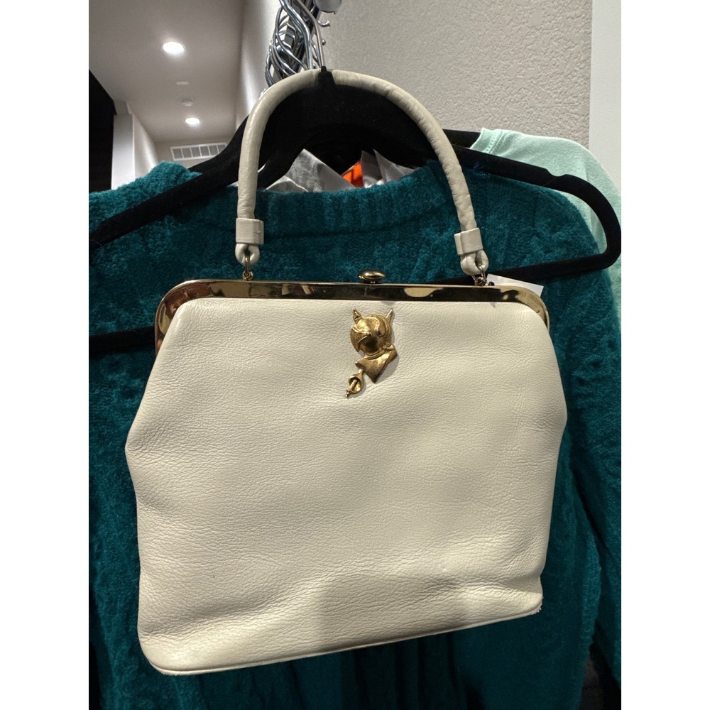 ~50s-60s Saber White Leather Handbag Gold Knight Helmet Sword‎ Emblem Frame